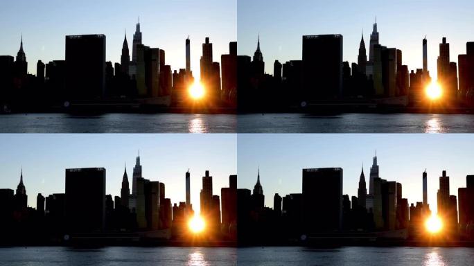 纽约市日落高楼间的夕阳逆光拍摄发达都市剪
