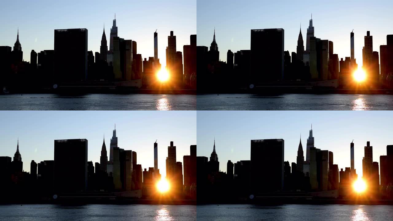 纽约市日落高楼间的夕阳逆光拍摄发达都市剪