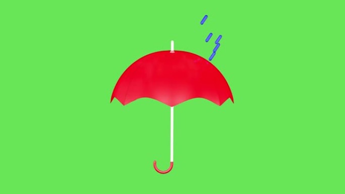 绿色屏幕上的红色雨伞和雨图标的3d动画。天气预报，多云。
