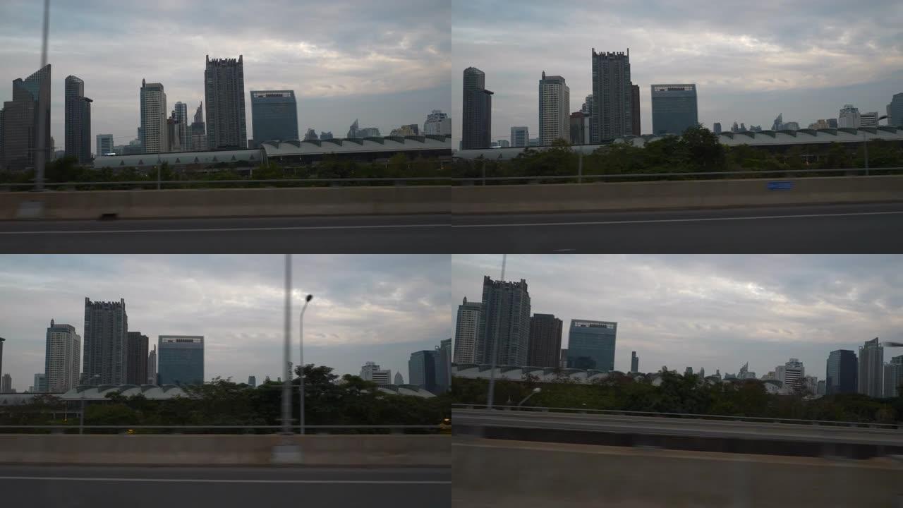 日落时间曼谷城市公路旅行高速公路乘客视点侧慢动作全景4k泰国