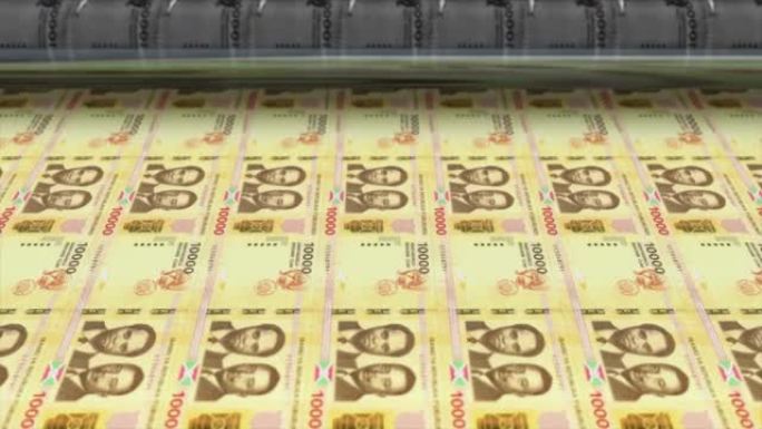 布隆迪，布隆迪法郎印刷机打印出当前10000法郎纸币，无缝循环，布隆迪货币货币背景，4K，焦点深度流