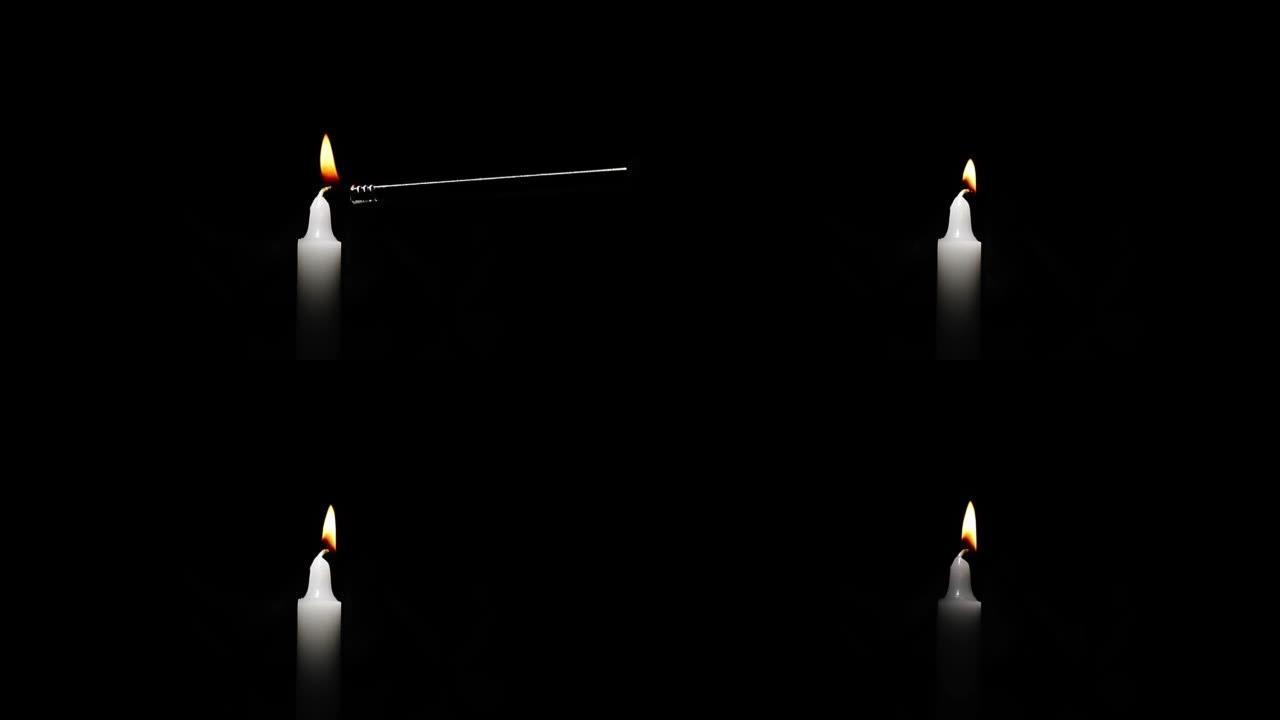 打火机在黑暗中点燃一支小蜡烛。燃烧过程。生日蛋糕用蜡烛。