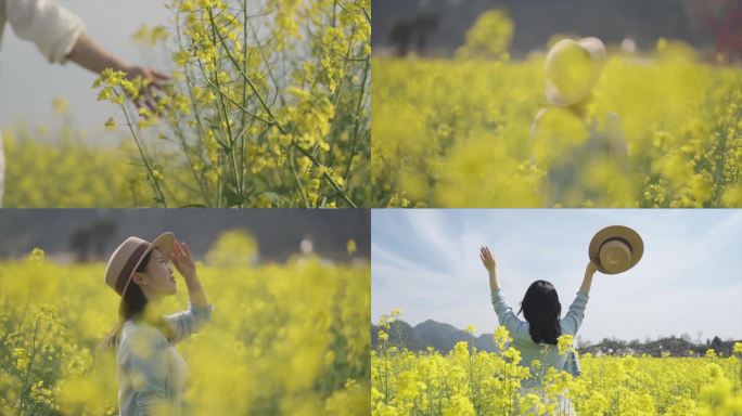 唯美清新美女手摸油菜花亲近自然文艺青年