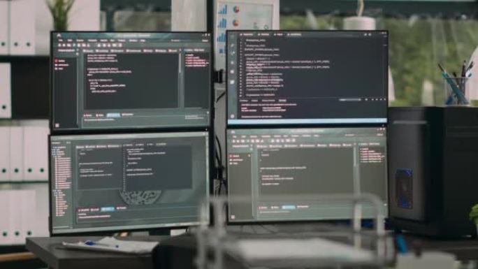 显示器在带有计算机的空it机构办公桌中显示解析代码