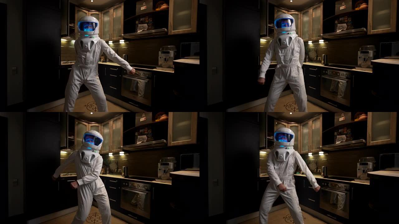 厨房内部的一名宇航员跳了一场著名的舞蹈。