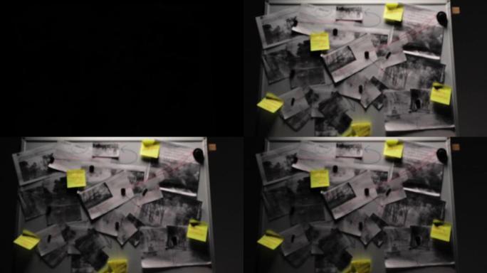 侦探板上有犯罪嫌疑人的照片，犯罪现场和带有红色线索的证据