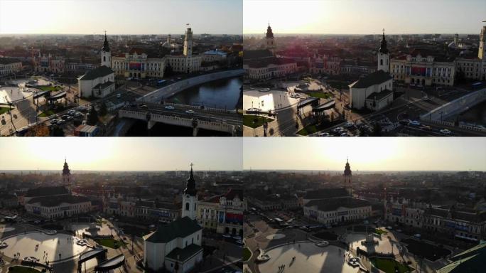 日落时罗马尼亚比奥尔县奥拉迪亚市中心的鸟瞰图