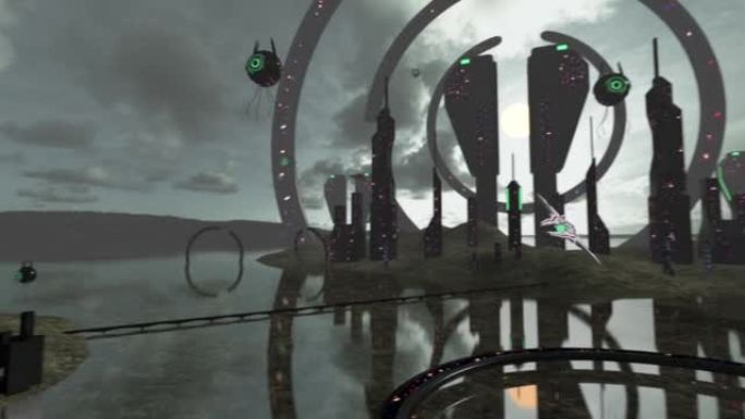 宇宙飞船经过的未来派城市动画