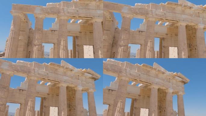 希腊雅典入口第一雅典卫城古代Propylaea柱的平移镜头