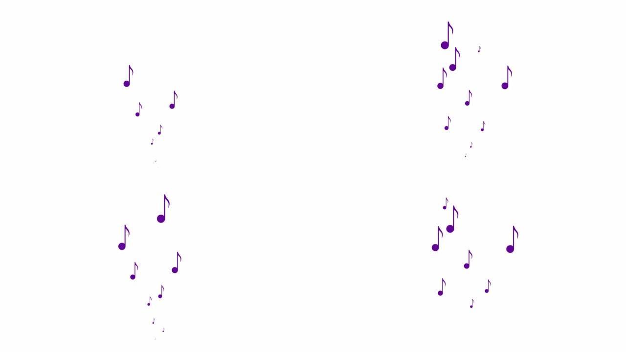 动画紫罗兰音符从下到上飞来飞去。一波飞扬的音符。音乐、歌曲、旋律的概念。矢量插图孤立在白色背景上。