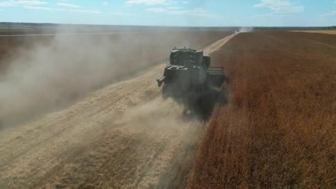 农业机械在田间收割谷物，航拍。麦田联合收割机的无人机视图。