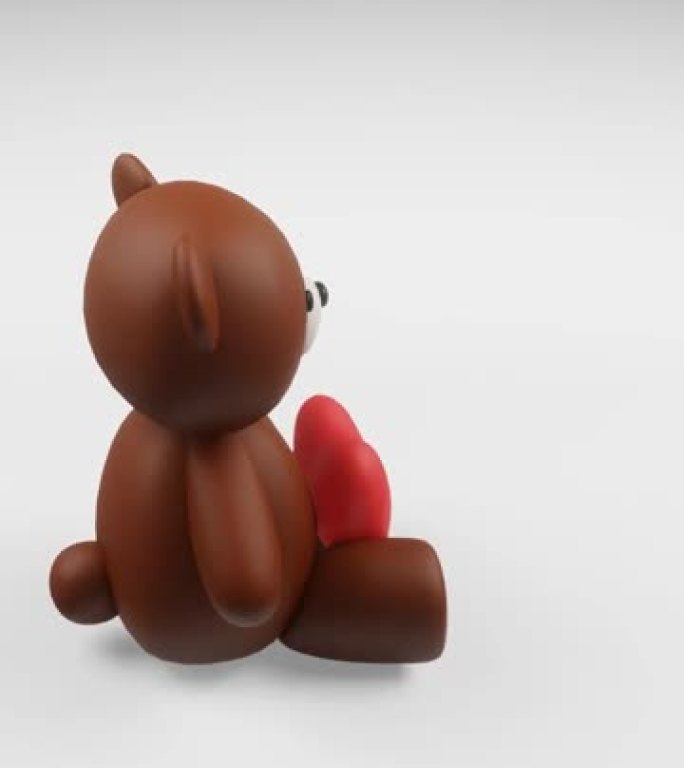 一个可爱的棕色泰迪熊形象的数字3D渲染，心脏在白色背景上旋转
