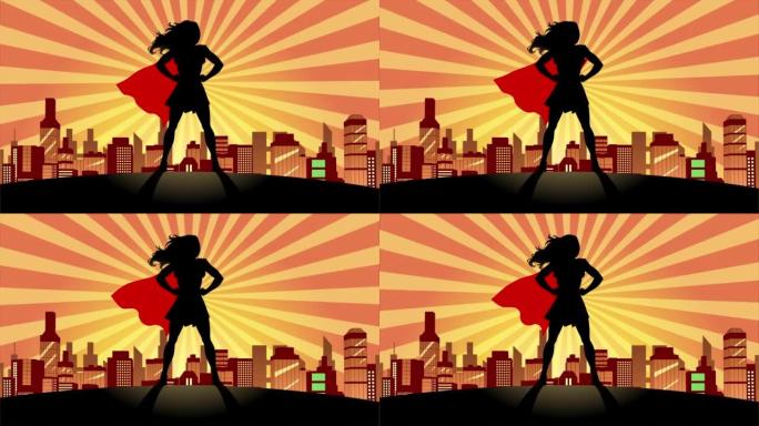 循环女性超级英雄剪影流动斗篷和头发在一个城市2D动画股票视频
