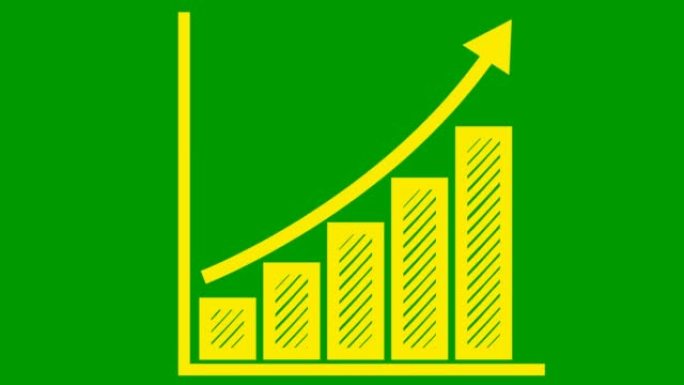 带有趋势线图的动画财务增长图。黄色符号经济增长条形图循环视频。矢量插图孤立在绿色背景上。