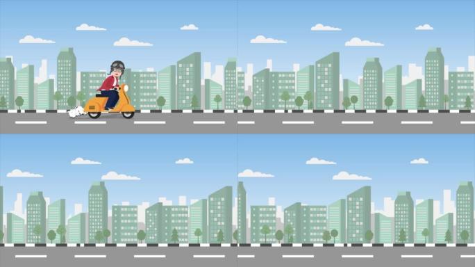 一个年轻人骑踏板车的动画，城市背景快速移动