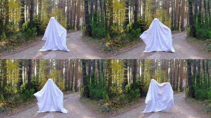 一个穿着床单的孩子，像在秋天的森林里跳舞的幽灵服装一样，眼睛被剪掉了。一个善良的有趣的小鬼。万圣节派