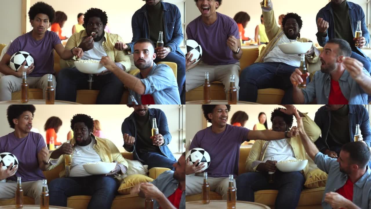 朋友是体育游戏迷，因为足球喜欢在家里一起度过空闲时间。他们在尖叫和打手势争取胜利。