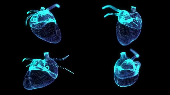 旋转360度全息图的人的心脏。人类心脏模型的发光蓝光粒子点。3d虚拟空间中的无缝循环运动动画