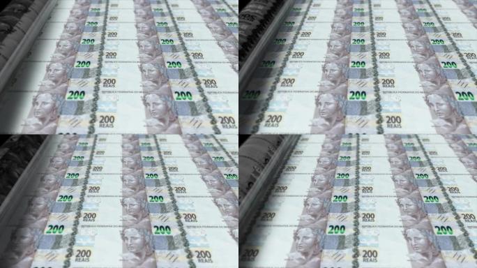 巴西，巴西真实印刷机打印出当前5000真实钞票，无缝循环，巴西货币背景，4K，聚焦深度Smoot和尼