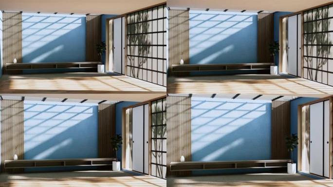橱柜电视木制日本设计在蓝色房间最小内部。3d渲染
