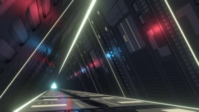 3D动画科幻走廊带蓝色和红色灯光无缝循环4k