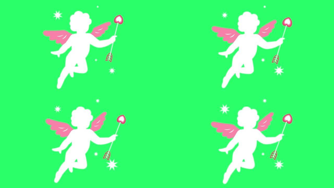 情人节用绿色背景动画白色丘比特隔离。