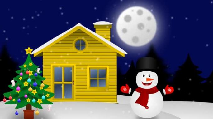 装饰圣诞树，家和移动雪人与雪雨。蓝色的夜晚背景和动画。