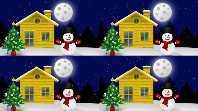 装饰圣诞树，家和移动雪人与雪雨。蓝色的夜晚背景和动画。