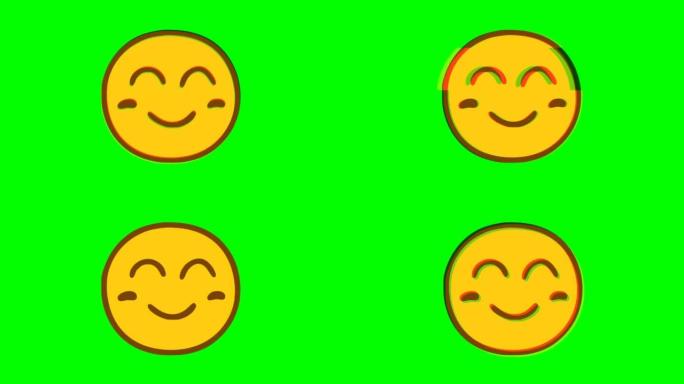 绿色背景上有趣的面部表情故障效果。表情符号运动图形。