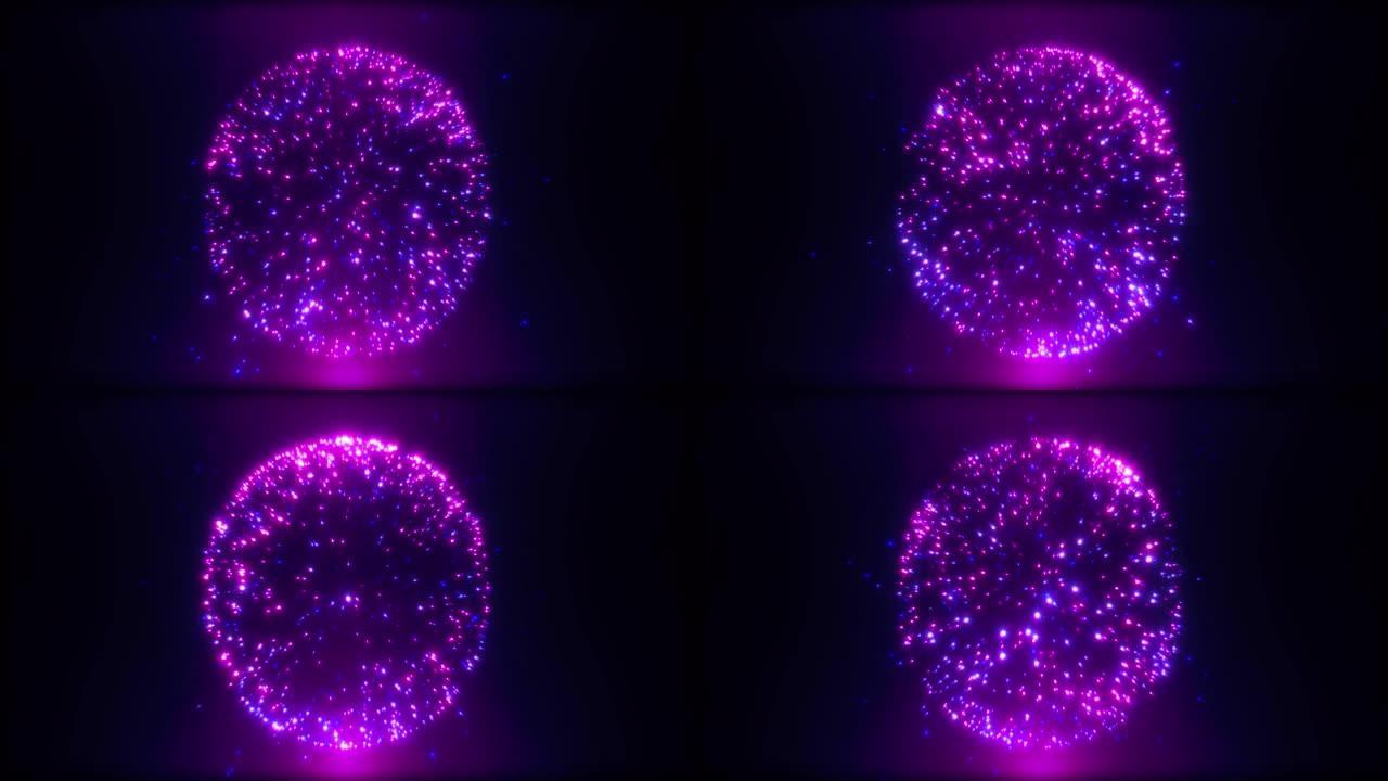 未来主义抽象紫色发光球，圆点和粒子在黑色背景上闪耀着神奇能量发光霓虹灯太阳光线。摘要背景。屏幕保护程