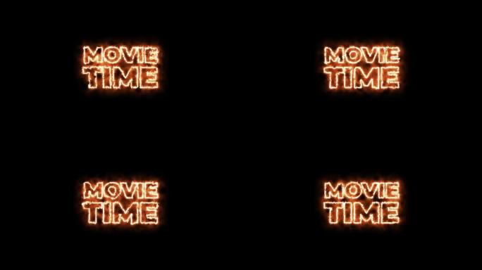 电影时间火文字概念动画。孤立在黑色背景上。