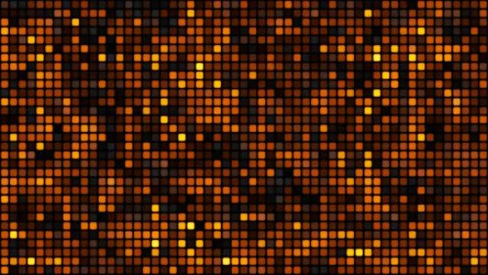 黑色背景循环上的橙色浮动网络方块。慢速混沌像素拼接无缝动画。
