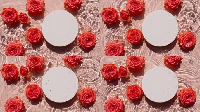 透明的水纹理和玫瑰花上的空白色圆形讲台。粉红色背景下波浪的慢动作。太阳和阴影。设计、广告、产品视频