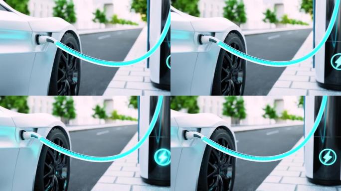 蓝色能源电池充电的城市街道电动汽车高速充电站。燃料动力和运输行业概念。3D插图渲染