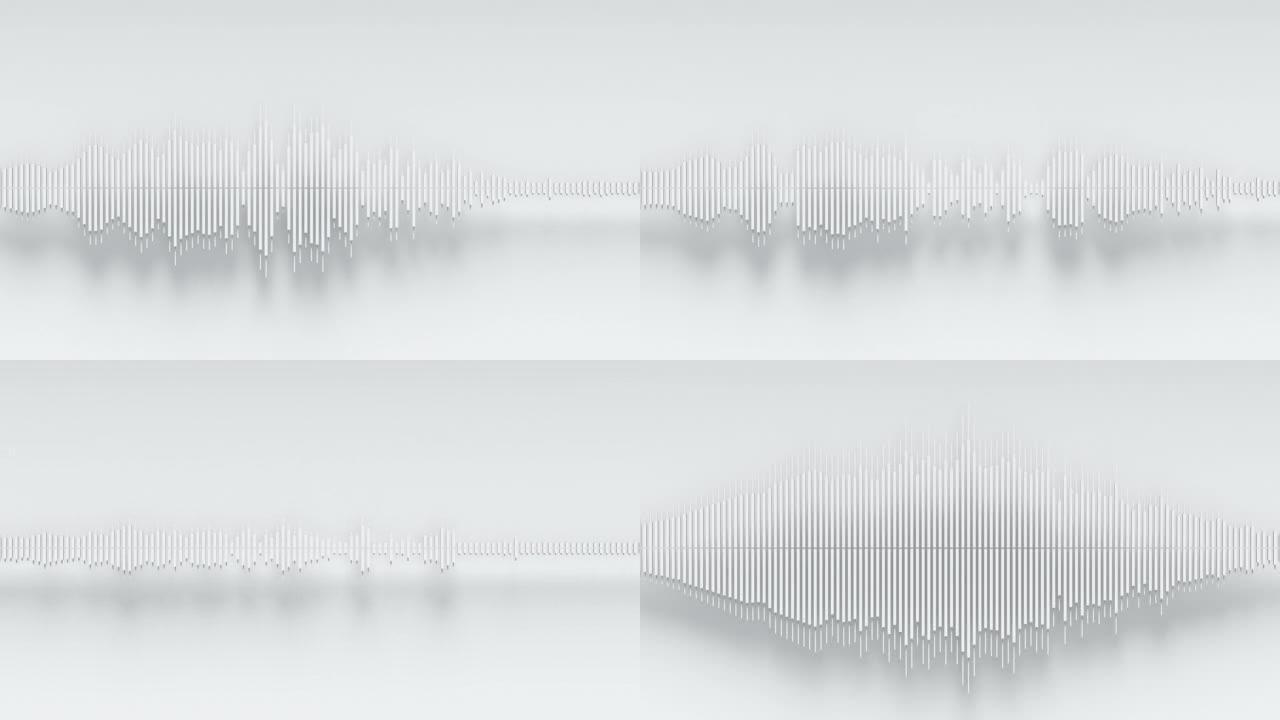 来自白色背景阴影的白色条的音频波。抽象音乐波振荡。合成音乐技术样本。调印。
