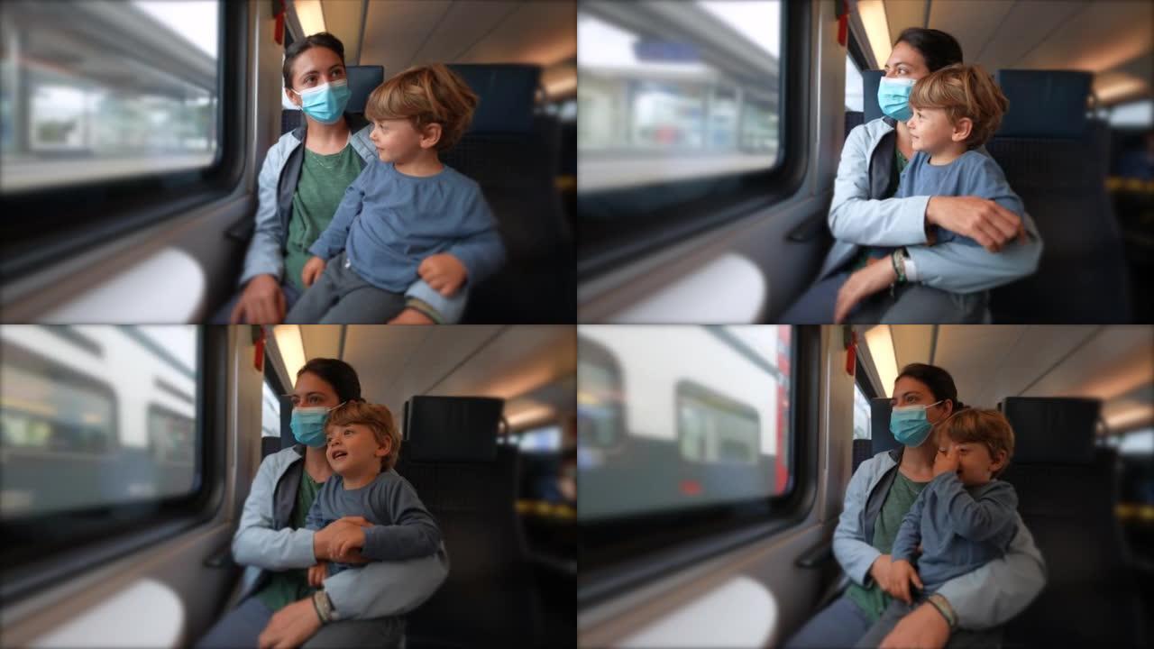 乘客母婴乘火车旅行妈妈戴外科口罩预防