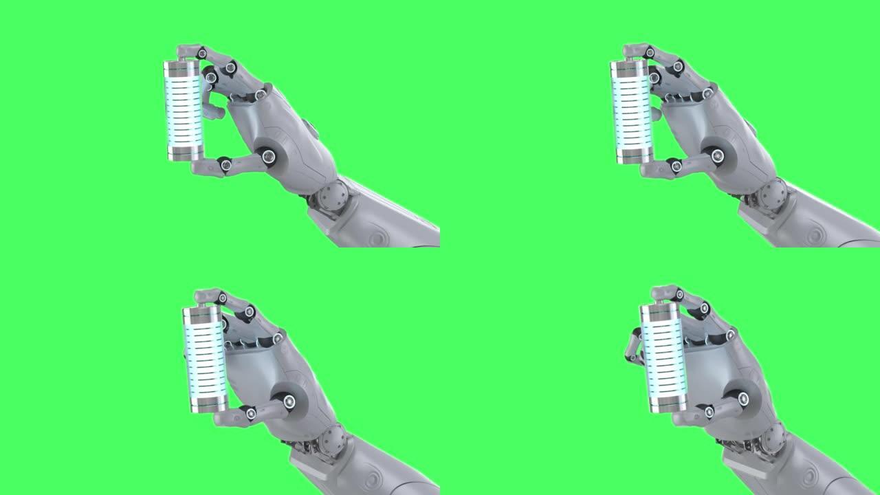 自动充电电池，机器人在绿屏4k镜头上保持锂离子或可充电电池