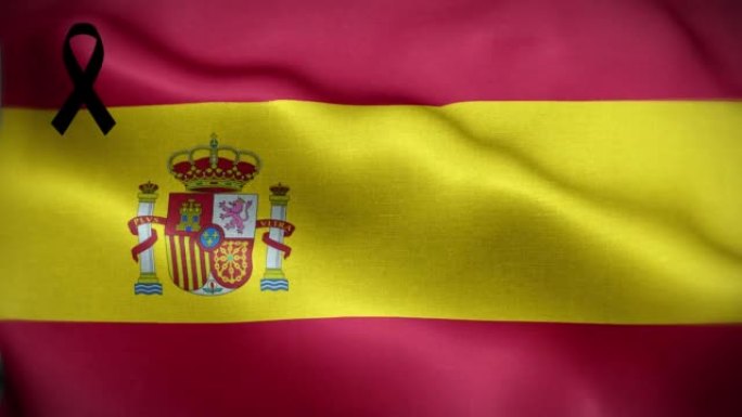 4K西班牙国旗，带黑丝带。西班牙哀悼和觉醒日。有质感的织物图案高细节的循环。