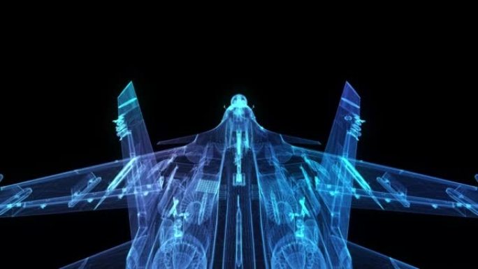 战斗机从抽象的多边形线飞行。低聚战斗机在运动中，线路与连接形成。三维数字技术可视化