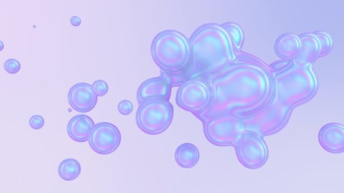 融合虹彩的metaball或有机漂浮气泡。柔和色彩背景上的无定形珠光斑点。液体抽象形状，过渡变形过程
