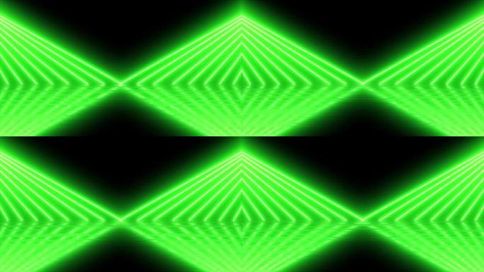 现代七彩灯光，霓虹灯发光4k动画场景。抽象混沌绿色霓虹灯线荧光紫外光。