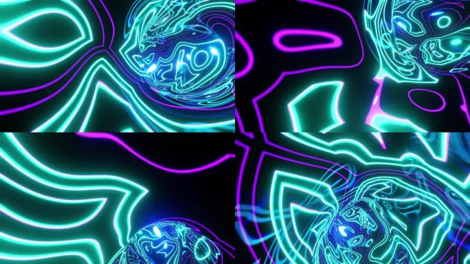 虫洞中丰富多彩且发光的抽象电能形状的动画