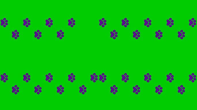 动画猫紫罗兰轨道。猫的爪印轮流出现。循环视频。矢量平面插图孤立在绿色背景上。