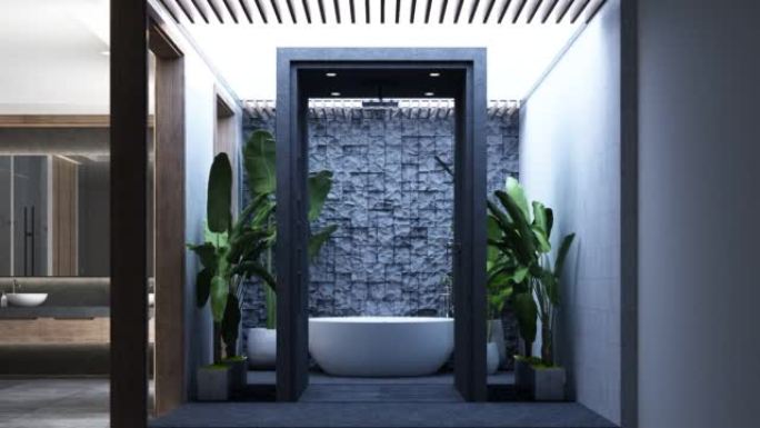 建造现代现代木质浴室，镶木地板和白色大理石墙，内置镜子台盆，带卫生间和带天窗的室外淋浴。逼真的内部3