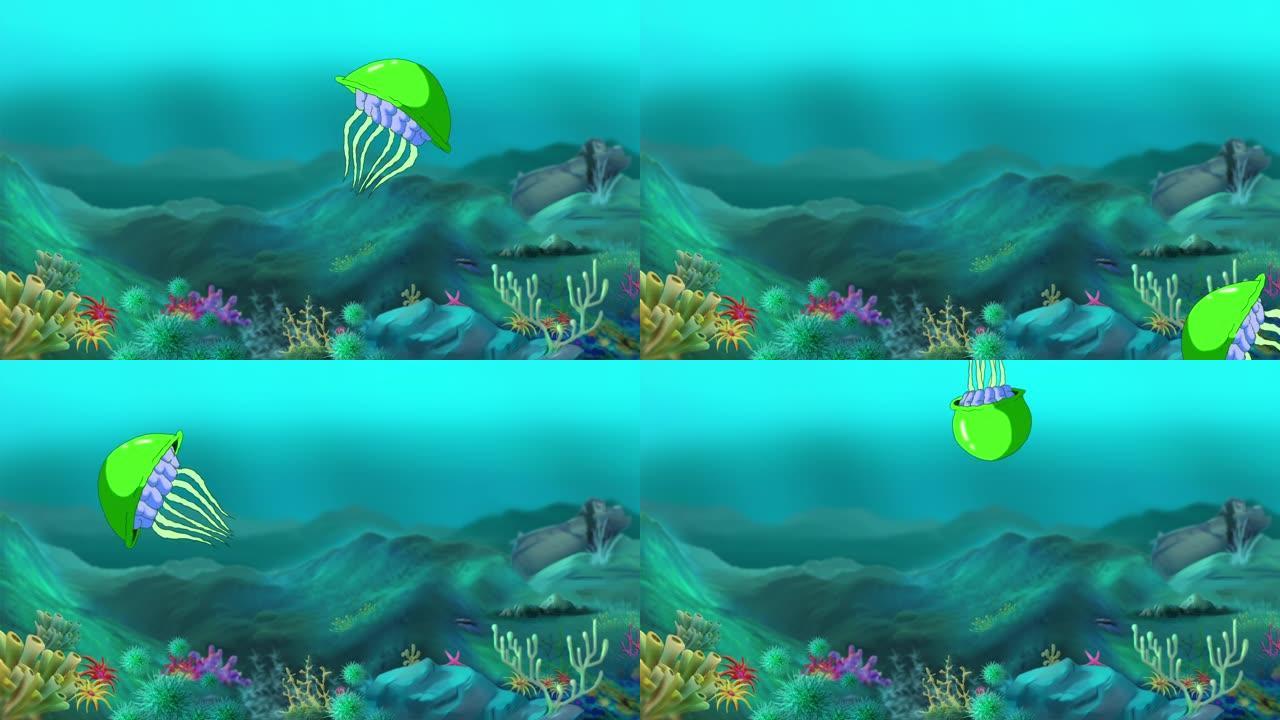 绿色水母在水下游泳高清