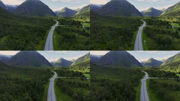 挪威公路上露营车的鸟瞰图