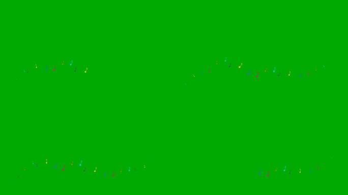 动画彩色音符从左到右飞行。一波飞扬的音符。音乐的概念。矢量插图孤立在绿色背景上。