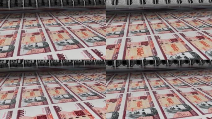 古巴，古巴比索印刷机打印出当前1000比索钞票，无缝循环，古巴货币背景，4K，聚焦深度Smoot和尼