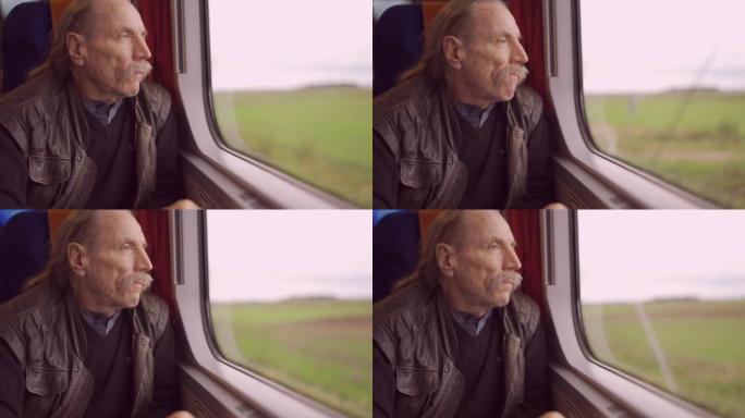 戴眼镜的老人乘火车旅行，看着窗外