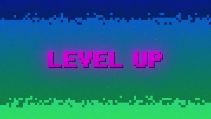 等级信息，复古游戏80年代，怀旧霓虹灯像素背景。霓虹闪光像素文本。